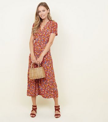 Rust Floral Midi Tea Dress | New Look